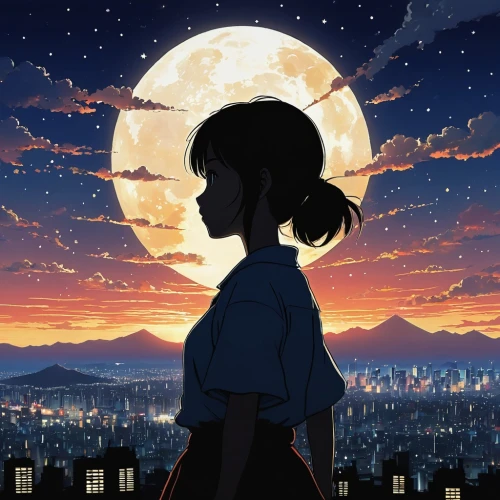 moon and star background,tamako,silhouette art,silhouette,hikari,monogatari,dusk background,lunar,tsukiko,himawari,clear night,kunitachi,ghibli,studio ghibli,takahata,chihiro,tanabata,moonrise,kumiko,kururi,Illustration,Japanese style,Japanese Style 14