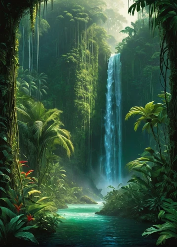 green waterfall,waterfall,tropical forest,rainforest,cascada,nature background,waterfalls,water fall,water falls,fantasy landscape,nature wallpaper,rainforests,brown waterfall,tropical jungle,cartoon video game background,neotropical,oasis,rain forest,landscape background,fantasy picture,Conceptual Art,Fantasy,Fantasy 12