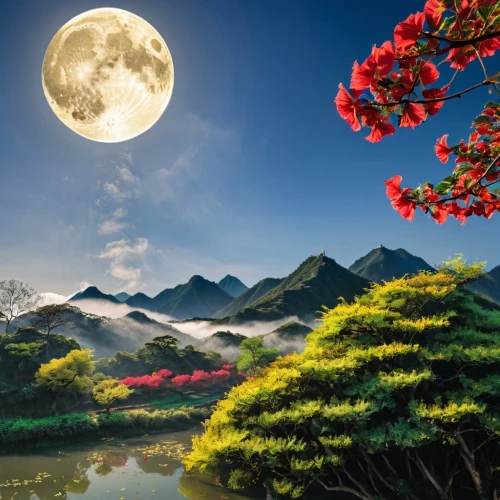 moon and foliage,full moon,moonlit night,nature wallpaper,beautiful landscape,moonrise,moon and star background,natural scenery,landscape background,nature landscape,nature background,moonlighted,lunar landscape,moonlit,full moon day,japanese mountains,hanging moon,the natural scenery,landscapes beautiful,beautiful nature,Conceptual Art,Fantasy,Fantasy 09
