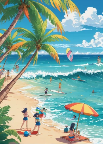 umbrella beach,summer beach umbrellas,honolulu,waikiki,beach scenery,tropical beach,beach landscape,dream beach,caribbean beach,hawaii,waikiki beach,tropical sea,summer background,paradise beach,beach umbrella,brazilian beach,beach goers,french digital background,beautiful beach,haleiwa,Illustration,Japanese style,Japanese Style 03