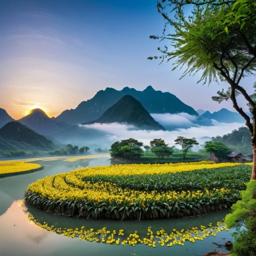 rice fields,beautiful landscape,rice field,guilin,yangshao,landscape background,nature landscape,ricefield,vietnam,golden lotus flowers,the rice field,the valley of flowers,ricefields,lotus on pond,nature wallpaper,foggy landscape,mountainous landscape,mountain landscape,meadow landscape,lotus pond,Conceptual Art,Oil color,Oil Color 01