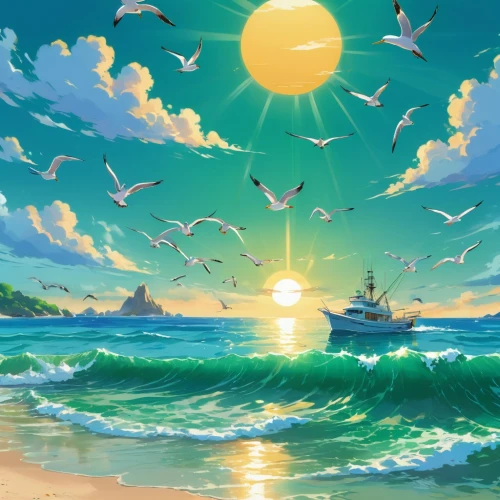 ocean background,sun and sea,landscape background,summer background,sea landscape,nature background,beautiful beach,beach landscape,sunburst background,sea birds,kite boarder wallpaper,full hd wallpaper,beach scenery,dream beach,beautiful wallpaper,dolphin background,sunrise beach,ocean paradise,birds of the sea,beach background,Illustration,Japanese style,Japanese Style 03