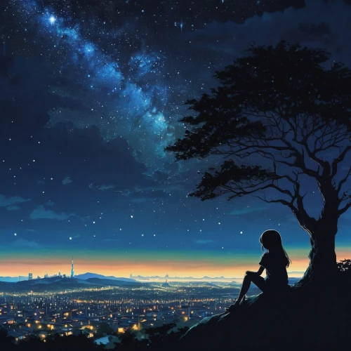 starry sky,darjeeling,violet evergarden,night sky,nightsky,kizu,the night sky,dream world,clear night,beautiful wallpaper,landscape background,silhouette art,night stars,star sky,stargazing,tanabata,starlight,little world,evernight,ciel,Illustration,Japanese style,Japanese Style 14