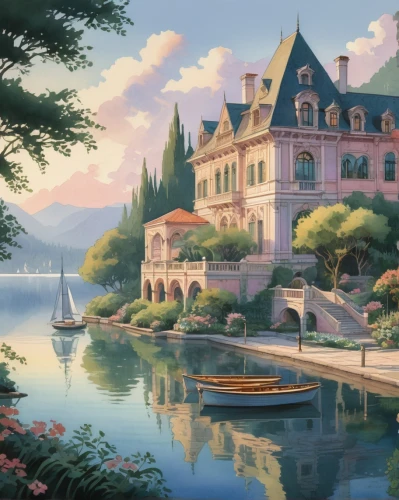 house by the water,house with lake,fantasy landscape,waterfront,ghibli,dreamhouse,idyllic,sylvania,lake view,boat landscape,lake geneva,home landscape,lakeside,boathouse,summer cottage,house of the sea,fairy tale castle,studio ghibli,luxury property,miramare,Illustration,Vector,Vector 03