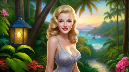 connie stevens - female,mamie van doren,marylyn monroe - female,the blonde in the river,marilyn monroe,dalida,maureen o'hara - female,cuba background,tropico,retro pin up girl,hawaiiana,pin-up girl,pin up girl,mermaid background,art deco background,marilyns,blonde woman,summer background,jane russell-female,world digital painting