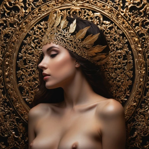 golden crown,gold crown,gold filigree,gold foil crown,headdress,golden mask,gold mask,gold leaf,golden wreath,adornment,headress,headpiece,gold foil mermaid,viveros,gold lacquer,gold foil art,gilded,golden apple,queen of the night,gold paint strokes,Photography,General,Fantasy