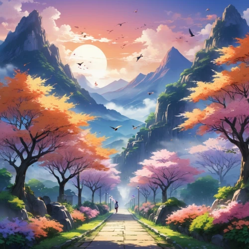 landscape background,japanese sakura background,fantasy landscape,sakura background,springtime background,mountain landscape,autumn mountains,spring background,mountain scene,japan landscape,purple landscape,mountain road,high landscape,mountain world,nature background,scenery,mountainous landscape,the mystical path,meteora,beautiful landscape,Illustration,Japanese style,Japanese Style 03