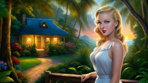 fantasy picture,girl in the garden,world digital painting,marilyn monroe,landscape background,pin-up girl,retro pin up girl,tropico,cartoon video game background,3d background,blonde woman,romantic portrait,idyllic,fantasy art,kovalam,pin up girl,tropical house,summer background,creative background,portrait background