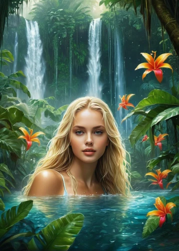 the blonde in the river,amazonica,nature background,water nymph,fantasy picture,nature wallpaper,kupala,girl on the river,amazonian,world digital painting,waterfall,water fall,landscape background,sirena,mermaid background,naiad,underwater oasis,underwater background,fantasy art,beauty in nature,Conceptual Art,Fantasy,Fantasy 12