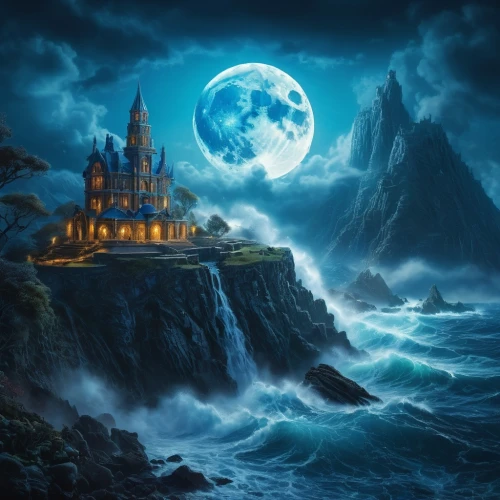 fantasy picture,ghost castle,fantasy landscape,haunted castle,fantasy art,blue moon,moonlit night,fairy tale castle,witch's house,dreamhouse,atlantica,fairytale castle,halloween background,house of the sea,sea fantasy,dreamscapes,3d fantasy,moonsorrow,moonlit,world digital painting,Photography,General,Fantasy