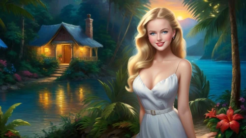 fantasy picture,amazonica,the blonde in the river,landscape background,fantasy art,fairy tale character,garden of eden,secret garden of venus,girl on the river,girl in the garden,world digital painting,romantic portrait,tropico,tropical house,fantasy woman,forest background,celtic woman,connie stevens - female,galadriel,romantic look