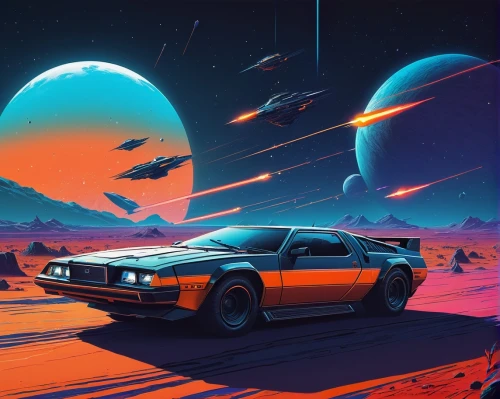 camaros,extrasolar,retro background,stardrive,delorean,car wallpapers,3d car wallpaper,interceptor,futuristic landscape,camero,rocinante,space art,sci - fi,gas planet,comets,spaceland,moon car,meteor,synth,80's design,Conceptual Art,Sci-Fi,Sci-Fi 12