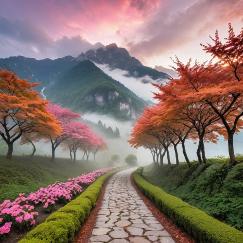 landscape background,nature wallpaper,the valley of flowers,nature background,nature landscape,beautiful landscape,splendor of flowers,purple landscape,tree lined path,mountain landscape,japan landscape,landscape nature,the mystical path,fantasy landscape,pathway,background view nature,landscapes beautiful,blooming trees,hiking path,autumn landscape,Photography,General,Realistic