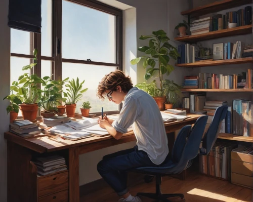 girl studying,study,working space,girl at the computer,study room,telecommuter,window sill,workspace,male poses for drawing,morning light,illustrator,work at home,writing desk,man with a computer,desk,modern office,computer addiction,sci fiction illustration,digital painting,workspaces,Illustration,Children,Children 03