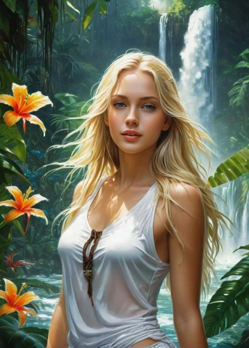 the blonde in the river,fantasy picture,fantasy art,amazonica,amazonian,nature background,landscape background,amazonia,faerie,girl in flowers,faery,beautiful girl with flowers,celtic woman,girl on the river,beauty in nature,dryads,faires,world digital painting,amazonas,flower background,Conceptual Art,Fantasy,Fantasy 12