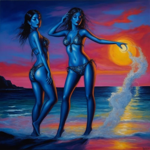 neon body painting,priestesses,blue hawaii,rhinemaidens,cocorosie,sun and moon,sirens,two girls,blue moon,holika,sorceresses,fire and water,bathers,blue lagoon,maidens,inanna,bodypainting,demoiselles,adam and eve,mermaids,Illustration,Realistic Fantasy,Realistic Fantasy 33