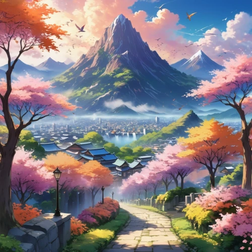 landscape background,fantasy landscape,japanese sakura background,meteora,mountain landscape,springtime background,mountainous landscape,mountain scene,autumn mountains,mountain world,sakura background,spring background,japan landscape,hoenn,kaitos,nature background,fairy world,cartoon video game background,high landscape,nature landscape,Illustration,Japanese style,Japanese Style 03