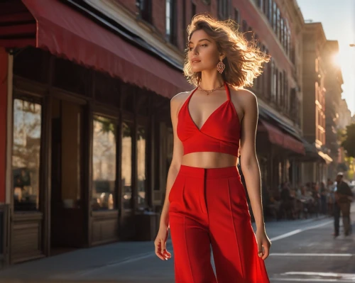 jumpsuit,lady in red,madewell,fashion street,red summer,red,dkny,bright red,maxmara,menswear for women,man in red dress,on the street,athleta,soho,new york streets,karlie,street shot,red gown,dvf,red cape,Photography,General,Natural