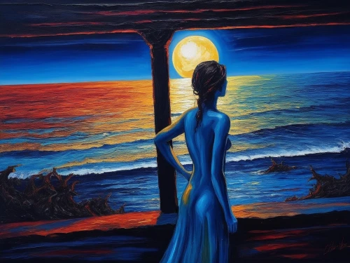 dubbeldam,oil painting on canvas,oil painting,art painting,amphitrite,blue moon,glass painting,fathom,oil on canvas,nightdress,blue painting,sea night,light bearer,light of night,surrealism,surrealist,ariadne,guiding light,blue moon rose,siggeir,Illustration,Realistic Fantasy,Realistic Fantasy 33