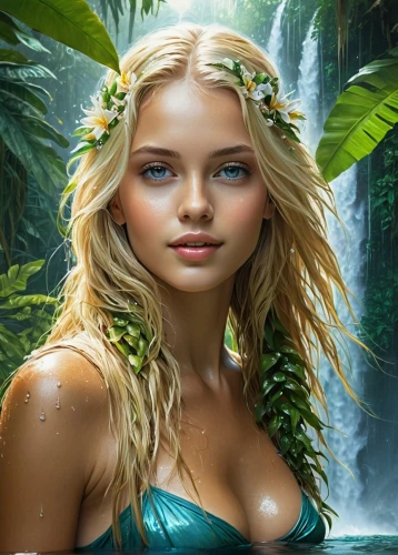 amazonica,amazonian,dryad,dryads,the blonde in the river,polynesian girl,amazonia,kupala,water nymph,hula,amazonian oils,fantasy picture,green waterfall,fantasy art,nature background,sirotka,naiad,amazonas,diwata,tahitian,Conceptual Art,Fantasy,Fantasy 12