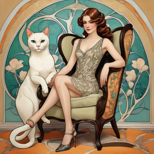 art deco woman,art deco,white cat,phryne,felino,café au lait,art deco background,retro pin up girl,leyendecker,vintage cat,mademoiselle,roaring 20's,selina,whitmore,roaring twenties,niffenegger,circe,coffee tea illustration,art deco frame,cappuccino,Illustration,Retro,Retro 08