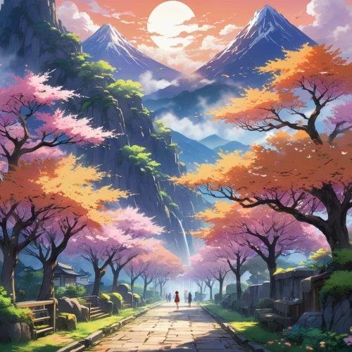 japanese sakura background,sakura background,hoenn,japan landscape,yoshikuni,landscape background,ghibli,sakura trees,meteora,hisaishi,kurama,japanese mountains,fantasy landscape,fantasy picture,vesperia,hanami,kizu,mountain scene,autumn background,chidori is the cherry blossoms,Illustration,Japanese style,Japanese Style 03