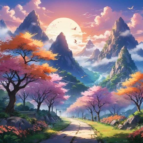 fantasy landscape,landscape background,japanese sakura background,cartoon video game background,purple landscape,mountain landscape,nature background,mountain scene,mountainous landscape,sakura background,beautiful landscape,fantasy picture,nature landscape,autumn mountains,springtime background,meteora,japan landscape,high landscape,spring background,fairy world,Illustration,Japanese style,Japanese Style 03