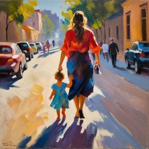 woman walking,little girls walking,little girl and mother,walk with the children,girl walking away,oil painting,oil painting on canvas,mostovoy,pittura,little girl running,levinthal,street scene,girl with dog,little girl in wind,people walking,figli,pintor,italian painter,lahav,woman shopping,Conceptual Art,Oil color,Oil Color 22