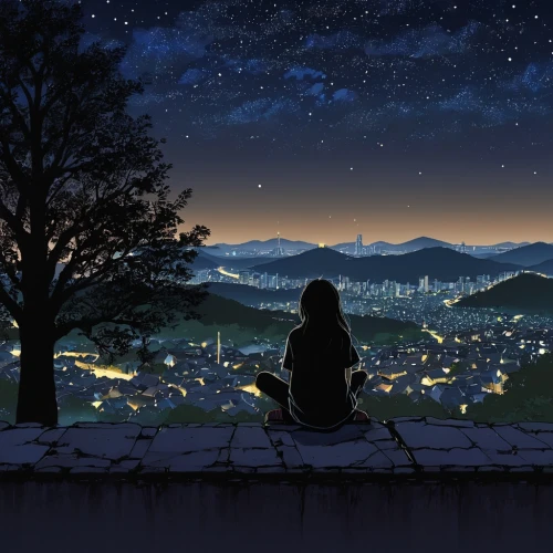 violet evergarden,shakugan,shinbo,nodame,champloo,boogiepop,hisaishi,nouaimi,hosoda,kizu,sadozai,repede,clear night,silhouette art,madlax,hohenheim,starry sky,athrun,studio ghibli,flcl,Illustration,Japanese style,Japanese Style 14