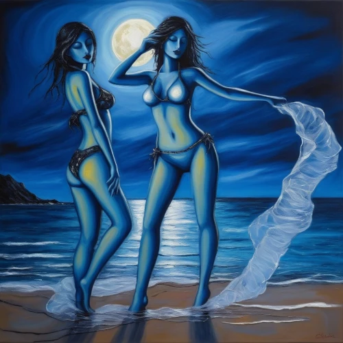 neon body painting,bodypainting,blue moon,priestesses,blue painting,rhinemaidens,body painting,mermaids,bodypaint,oil painting on canvas,art painting,reinas,two girls,indigenous painting,the three graces,naiads,bleues,fantasy art,adam and eve,chicanas,Illustration,Realistic Fantasy,Realistic Fantasy 33