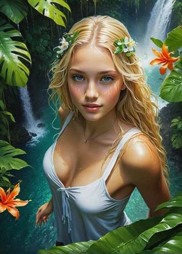 the blonde in the river,water nymph,fantasy picture,faerie,faery,amazonica,fantasy art,kupala,beautiful girl with flowers,naiad,celtic woman,amazonian,diwata,dryads,girl in flowers,amazonia,mystical portrait of a girl,girl in the garden,water flowers,secret garden of venus,Conceptual Art,Fantasy,Fantasy 12