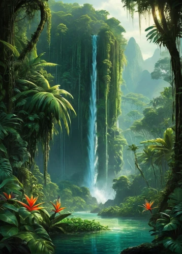 cartoon video game background,tropical forest,rainforests,nature background,green waterfall,rain forest,rainforest,nature wallpaper,tropical jungle,landscape background,background view nature,tropical island,fantasy landscape,waterfalls,neotropical,waterfall,waterval,amazonia,water fall,forest background,Conceptual Art,Fantasy,Fantasy 12
