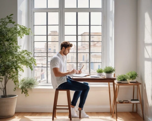 danish furniture,man with a computer,male poses for drawing,writing desk,standing desk,work at home,telecommuter,window sill,iittala,apple desk,working space,ekornes,stenmark,deskjet,new concept arms chair,desk,berkus,blur office background,folding table,telecommuting,Art,Classical Oil Painting,Classical Oil Painting 02