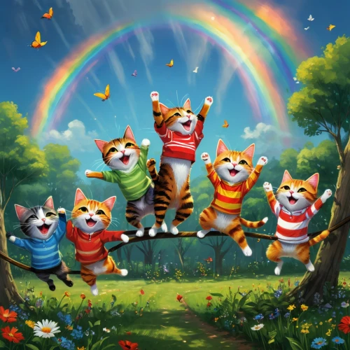 rainbow background,children's background,thunderclan,felids,cats playing,cat pageant,rainbows,rainbow bridge,cat family,pot of gold background,riverclan,cute cartoon image,felidae,playmander,tabbies,raimbow,cat lovers,pussycats,red tabby,rainbow,Conceptual Art,Fantasy,Fantasy 16