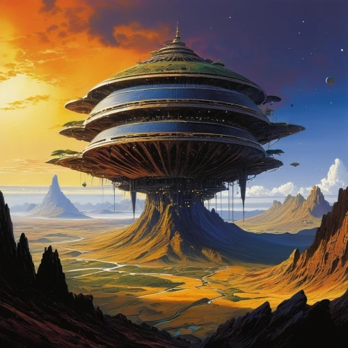 futuristic landscape,yavin,shambhala,sedensky,fantasy landscape,pagodas,arcology,homeworld,terraform,skylstad,homeworlds,terraformer,mushroom landscape,ordos,turion,kunplome,terraformed,ancient city,citadels,deltha,Conceptual Art,Sci-Fi,Sci-Fi 08