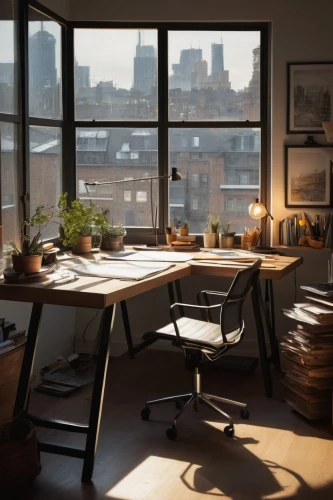 office desk,workspaces,working space,desks,desk,daylighting,workspace,work space,morning light,creative office,work desk,workstations,offices,modern office,office,workbenches,wooden desk,loft,steelcase,furnished office,Illustration,Realistic Fantasy,Realistic Fantasy 29