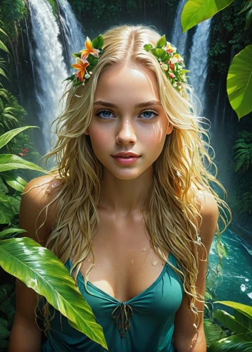 margairaz,kupala,water nymph,amazonian,amazonica,beautiful girl with flowers,faerie,diwata,girl in flowers,fantasy portrait,the blonde in the river,fantasy picture,hula,fae,galadriel,elven flower,flora,margaery,polynesian girl,faery,Conceptual Art,Fantasy,Fantasy 12