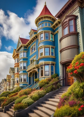 rowhouses,san francisco,duboce,row houses,painted lady,sanfrancisco,victorian,haight,victorian house,old victorian,beautiful buildings,wooden houses,townhouses,taraval,sausalito,row of houses,townhomes,divisadero,colma,mansard,Illustration,Abstract Fantasy,Abstract Fantasy 01