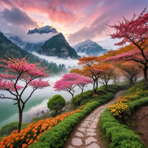 mountain landscape,nature wallpaper,the valley of flowers,fantasy landscape,nature landscape,beautiful landscape,landscape background,splendor of flowers,mountainous landscape,nature background,alpine landscape,japan landscape,splendid colors,mountain flowers,mountain scene,autumn mountains,landscape nature,landscapes beautiful,colorful background,mountain flower,Photography,General,Realistic