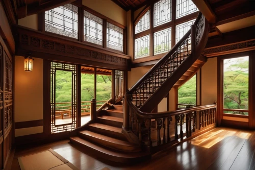 wooden stairs,winding staircase,outside staircase,wooden stair railing,staircase,staircases,upstairs,stairwell,japanese-style room,stairs,wooden windows,banisters,stairwells,luxury home interior,stair,two story house,stairways,beautiful home,entryway,hallway space,Illustration,Realistic Fantasy,Realistic Fantasy 05