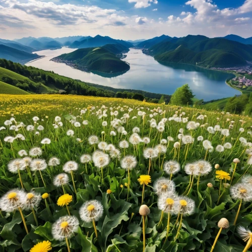 the valley of flowers,meadow landscape,dandelion meadow,dandelion field,carpathians,mountain meadow,meadow flowers,dandelions,mountain flowers,background view nature,flower field,lake lucerne region,dandelion background,flower meadow,beautiful landscape,alpine meadow,flying dandelions,field of flowers,nature background,lake lucerne,Photography,General,Realistic