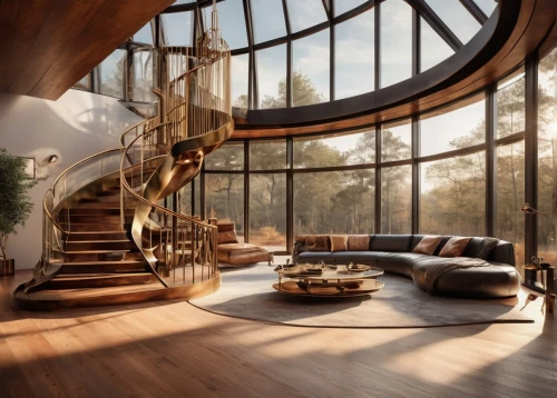 sunroom,loft,winding staircase,circular staircase,beautiful home,living room,hardwood,daylighting,livingroom,dreamhouse,attic,wooden beams,3d rendering,modern living room,interior modern design,interior design,great room,wooden stairs,luxury home interior,spiral staircase,Illustration,Realistic Fantasy,Realistic Fantasy 13