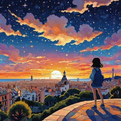 nouaimi,ghibli,paris,dream world,tiribocchi,studio ghibli,soir,french digital background,eurodisney,nodame,parisii,cloudstreet,ciel,parisian,dubbeldam,parisien,magique,star sky,parisiennes,printemps,Illustration,Japanese style,Japanese Style 14