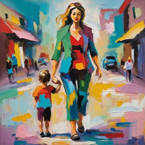 woman walking,oil painting on canvas,girl walking away,oil painting,walk with the children,pedestrian,woman shopping,little girl and mother,pedestrians,vietnamese woman,little girls walking,pittura,woman with ice-cream,supermom,girl and boy outdoor,people walking,italian painter,street scene,a pedestrian,art painting,Conceptual Art,Oil color,Oil Color 20