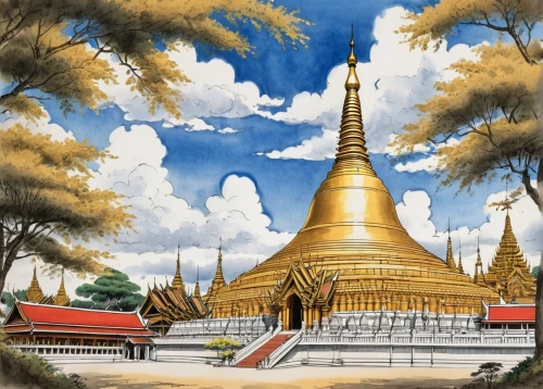 dhammakaya pagoda,shwedagon,dhamma,mandalay,rattanakosin,kuthodaw pagoda,monywa,ramathibodi,rattanakiri,the golden pavilion,dhammakaya,phra,luang,wat huay pla kung,phnom,chiangmai,pagodas,mahidol,siriraj,somtum,Illustration,Paper based,Paper Based 30