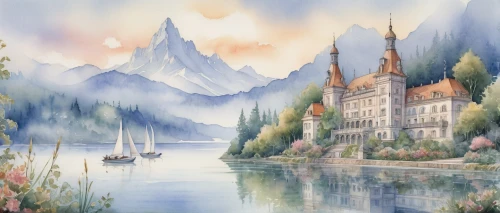 hallstatt,gondolin,fantasy landscape,thun lake,fantasy picture,landscape background,lake lucerne,lake lucerne region,watercolor background,thun,lake thun,hintersee,luzerner,rivendell,lake misurina,world digital painting,fairy tale castle,fairytale,boat landscape,fairy tale,Illustration,Paper based,Paper Based 29