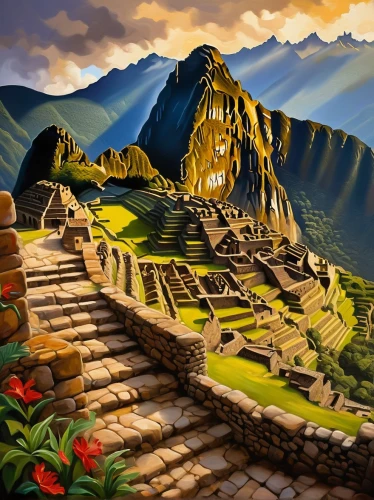 machu pichu,machupicchu,machu picchu,aztecas,urubamba,azteca,picchu,incas,ollantaytambo,machu,incan,mountain scene,rice terrace,el salvador dali,inca,mountainous landscape,machuelo,mountain landscape,world digital painting,marvel of peru,Conceptual Art,Oil color,Oil Color 22