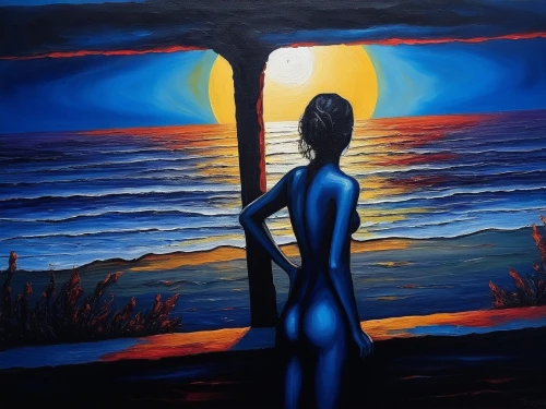 oil painting,oil painting on canvas,glass painting,oil on canvas,neon body painting,blue painting,seascape,girl on the dune,bodypainting,man at the sea,art painting,woman silhouette,sea landscape,dark beach,coast sunset,sea night,oil pastels,mermaid silhouette,el mar,dubbeldam,Illustration,Realistic Fantasy,Realistic Fantasy 33