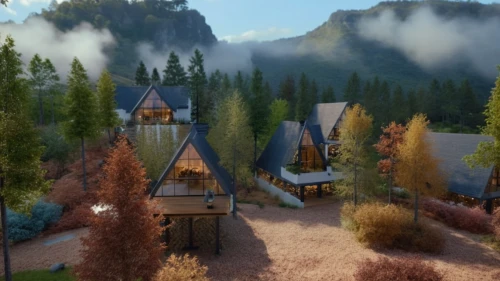 treehouses,ecovillages,alpine village,mountain settlement,aurora village,henryville,mountain village,cabins,mountain huts,riftwar,tree house hotel,the cabin in the mountains,ecovillage,house in the mountains,wooden houses,lodges,barkerville,escher village,hanging houses,nativity village,Photography,General,Cinematic