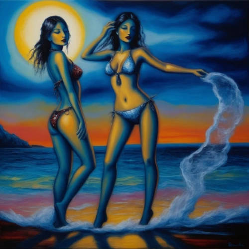 priestesses,neon body painting,adam and eve,chicanas,sun and moon,the three graces,two girls,burkinabes,bathers,skyclad,hekate,reinas,rhinemaidens,maidens,cd cover,airbrush,tretchikoff,vivants,bodypainting,sorceresses,Illustration,Realistic Fantasy,Realistic Fantasy 33